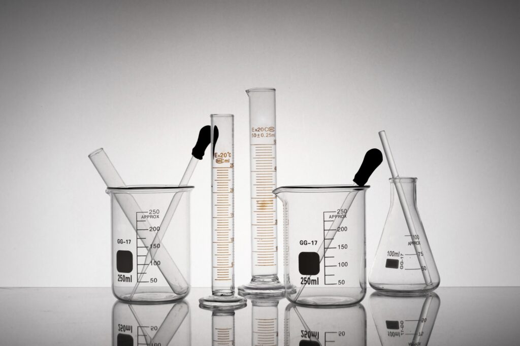 Closeup shot of laboratory flasks, beakers, and tubes